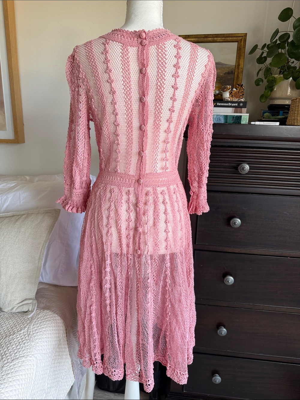 Blush Pink Crochet Vintage Midi Dress - Women's Lace Knit Dress - Picture 9 of 17